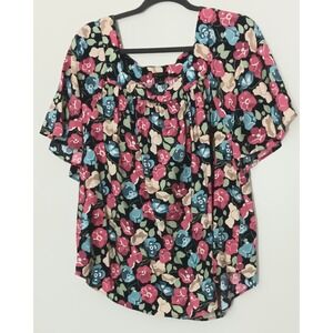 Ann Taylor Factory Blouse Women's Size XL Blue Floral Short Sleeve Square Neck